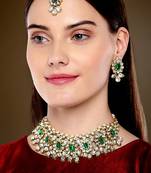 Aheli ethnic indian traditional jewellery kundan pearl green floral necklace earring mang tikka set