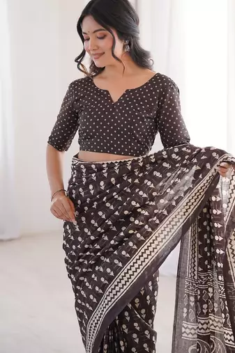 Brown bloue piece with cotton printed saree
