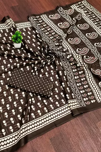 Brown bloue piece with cotton printed saree