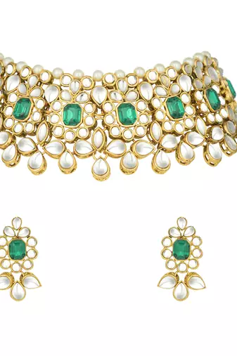 Aheli ethnic indian traditional jewellery kundan pearl green floral necklace earring mang tikka set