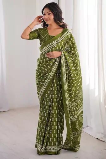 Green bloue piece with cotton printed saree