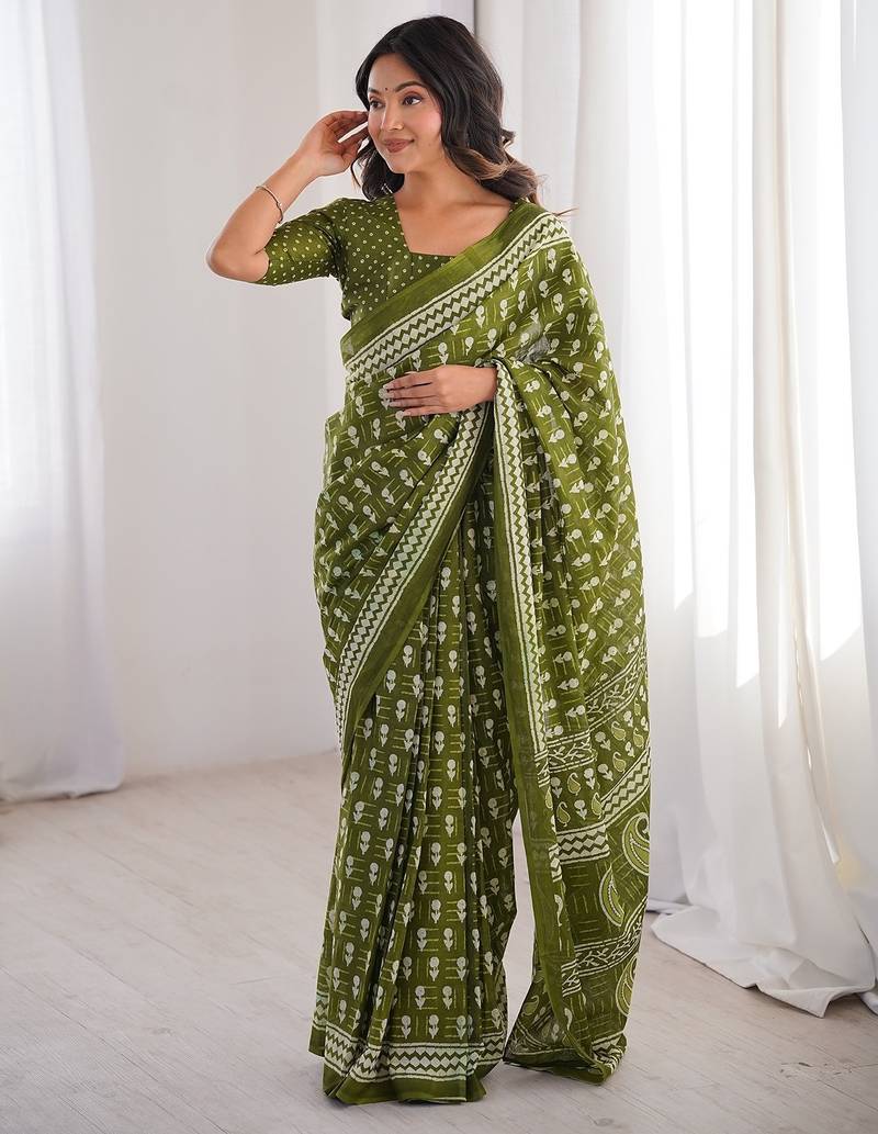 Green bloue piece with cotton printed saree