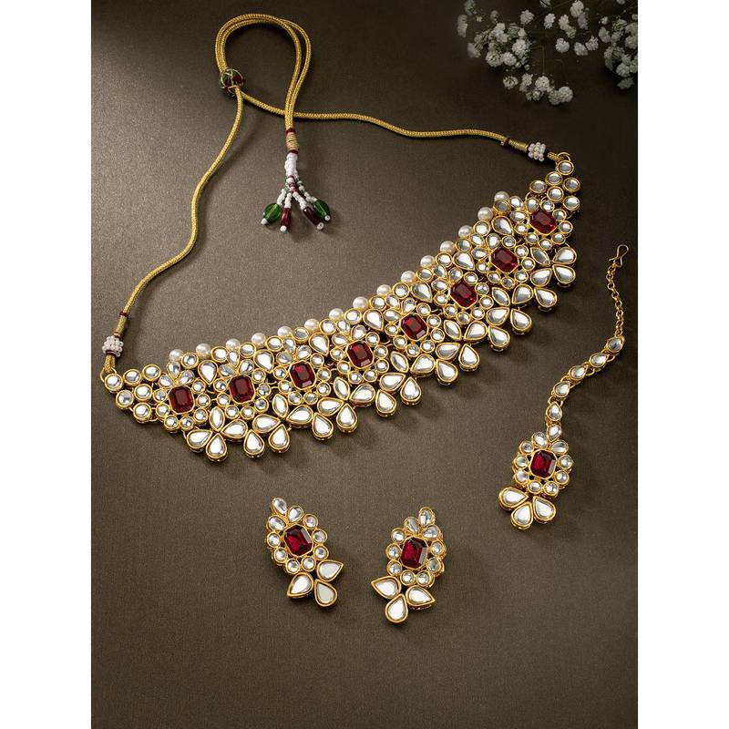 Aheli ethnic indian traditional jewellery kundan pearl maroon floral necklace earring mang tikka set