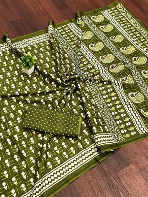 Green bloue piece with cotton printed saree 5