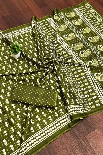 Green bloue piece with cotton printed saree