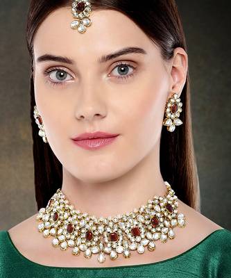 Aheli ethnic indian traditional jewellery kundan pearl maroon floral necklace earring mang tikka set 2