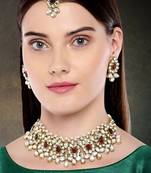 Kundan Pearl Maroon Floral Necklace Earring Mang Tikka