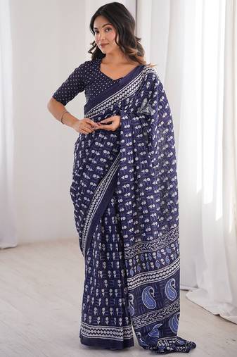 Indigo bloue piece with cotton printed saree