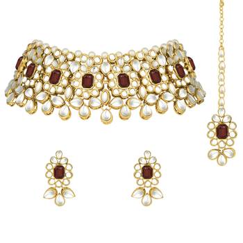 Aheli ethnic indian traditional jewellery kundan pearl maroon floral necklace earring mang tikka set 3