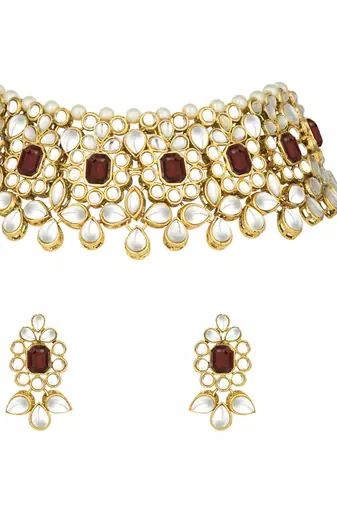 Aheli ethnic indian traditional jewellery kundan pearl maroon floral necklace earring mang tikka set