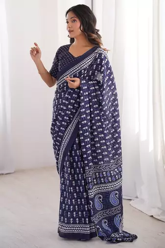 Indigo bloue piece with cotton printed saree