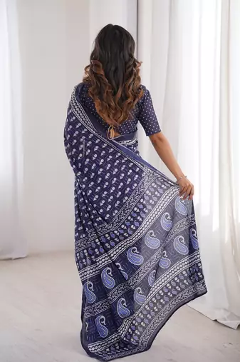 Indigo bloue piece with cotton printed saree