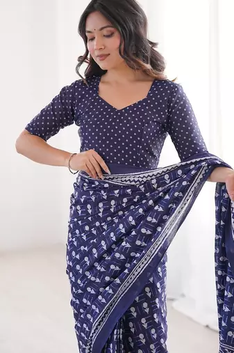 Indigo bloue piece with cotton printed saree