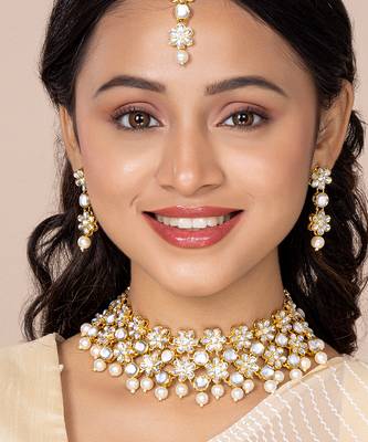 Aheli flower kundan pearl necklace with maang tikka earring traditional jewellery set 1
