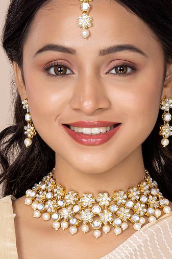 Aheli flower kundan pearl necklace with maang tikka earring traditional jewellery set