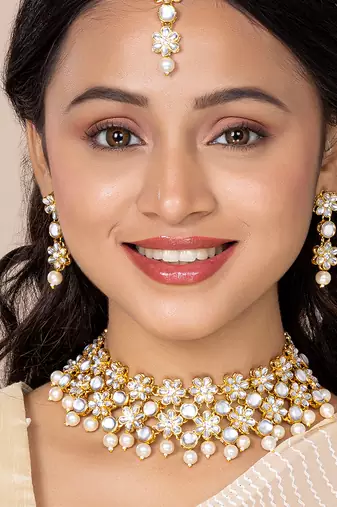 Aheli flower kundan pearl necklace with maang tikka earring traditional jewellery set