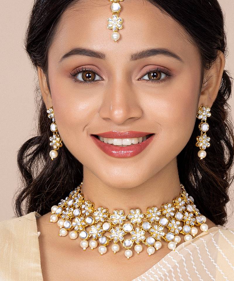 Aheli flower kundan pearl necklace with maang tikka earring traditional jewellery set