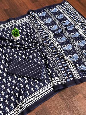 Indigo bloue piece with cotton printed saree 5