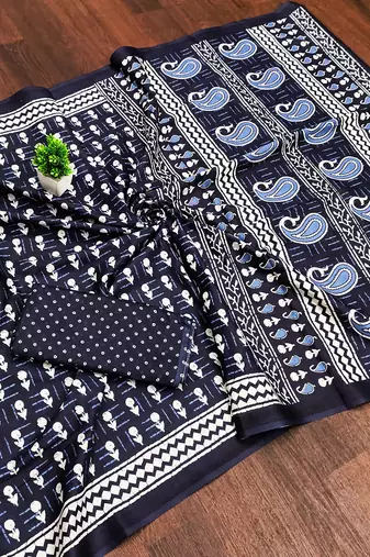 Indigo bloue piece with cotton printed saree