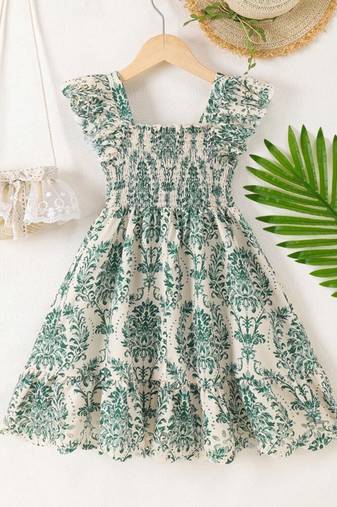 Cream & green floral printed cotton smocked ruffle sleeve fit & flare girls dress