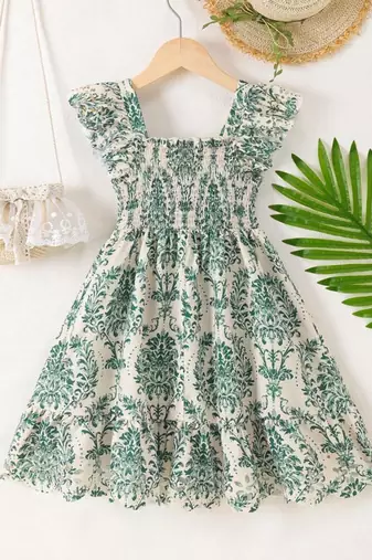 Cream & green floral printed cotton smocked ruffle sleeve fit & flare girls dress