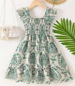 Cream & green floral printed cotton smocked ruffle sleeve fit & flare girls dress