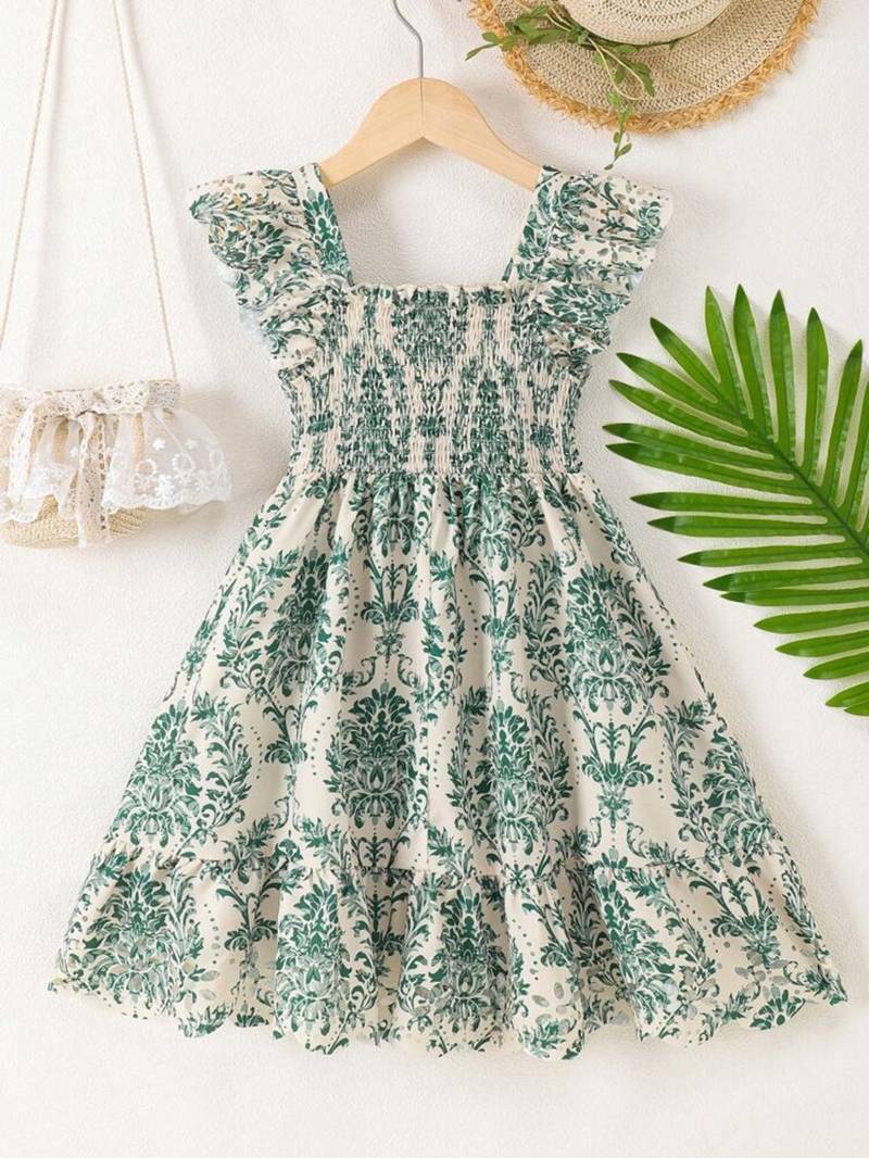 Cream & green floral printed cotton smocked ruffle sleeve fit & flare girls dress