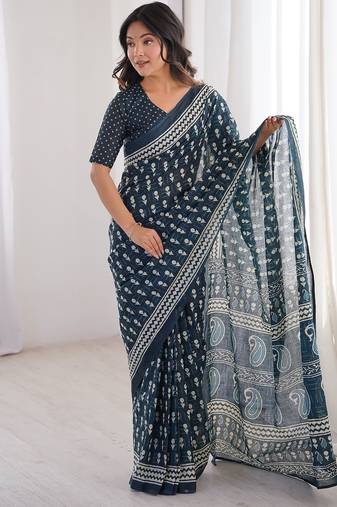 Navy blue bloue piece with cotton printed saree