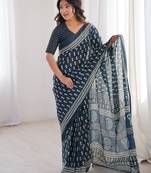 Navy blue bloue piece with cotton printed saree