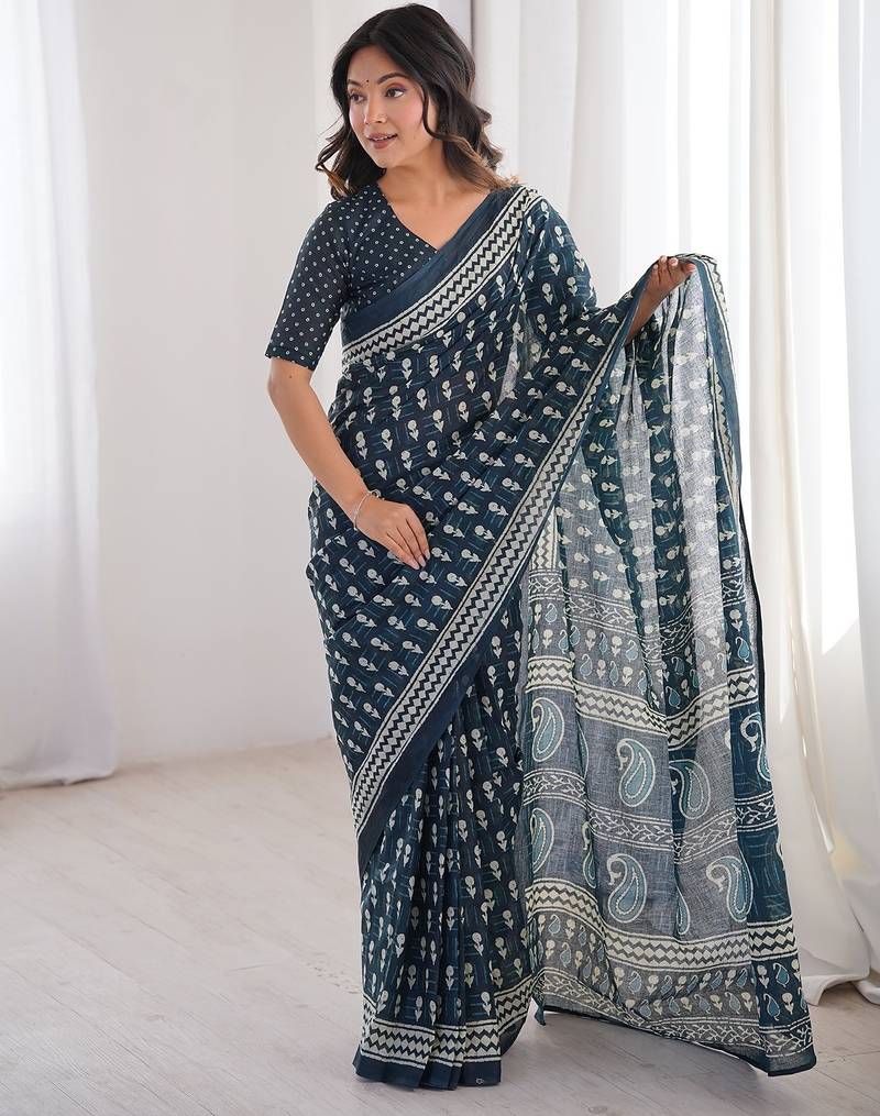 Navy blue bloue piece with cotton printed saree