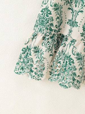 Cream & green floral printed cotton smocked ruffle sleeve fit & flare girls dress 2