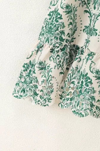 Cream & green floral printed cotton smocked ruffle sleeve fit & flare girls dress