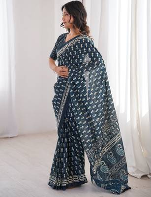 Navy blue bloue piece with cotton printed saree 2
