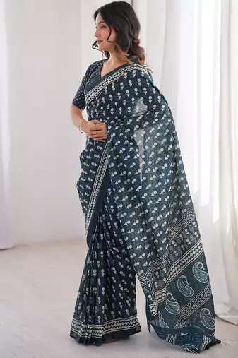 Navy blue bloue piece with cotton printed saree
