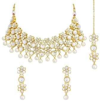 Aheli flower kundan pearl necklace with maang tikka earring traditional jewellery set 3
