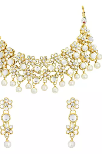 Aheli flower kundan pearl necklace with maang tikka earring traditional jewellery set