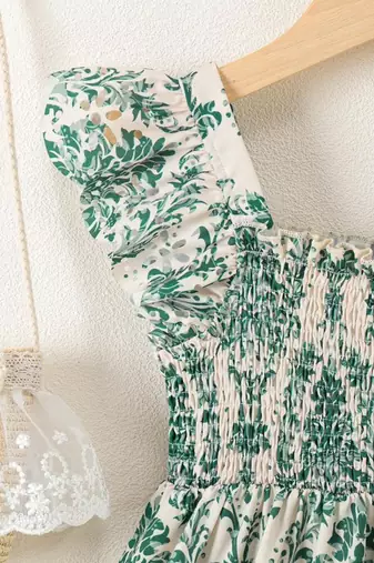Cream & green floral printed cotton smocked ruffle sleeve fit & flare girls dress