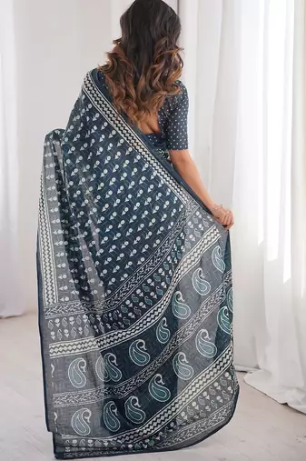 Navy blue bloue piece with cotton printed saree