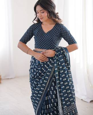 Navy blue bloue piece with cotton printed saree 4