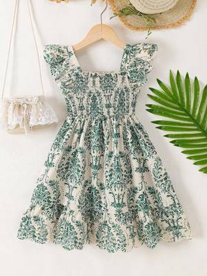 Cream & green floral printed cotton smocked ruffle sleeve fit & flare girls dress 4