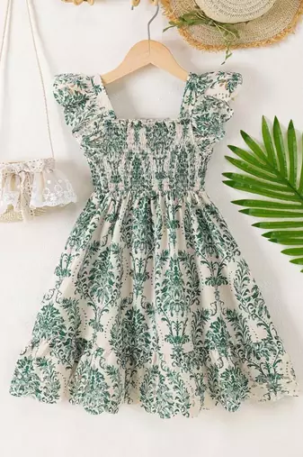 Cream & green floral printed cotton smocked ruffle sleeve fit & flare girls dress