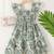 Cream & green floral printed cotton smocked ruffle sleeve fit & flare girls dress