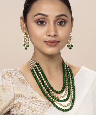 Aheli kundan brass alloy pearl long necklace with earring indian traditional jewellery set 1