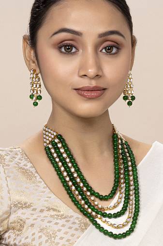 Aheli kundan brass alloy pearl long necklace with earring indian traditional jewellery set