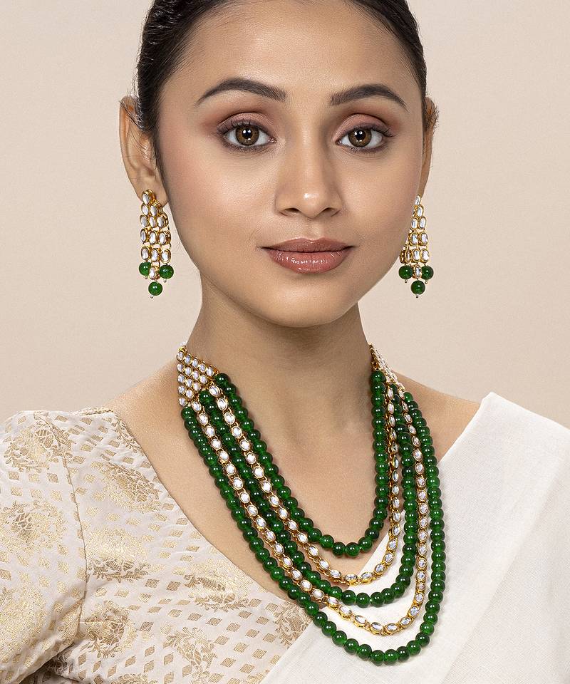 Aheli kundan brass alloy pearl long necklace with earring indian traditional jewellery set