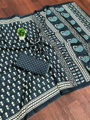 Navy blue bloue piece with cotton printed saree 5