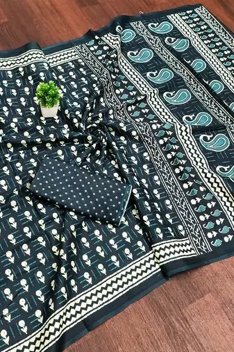 Navy blue bloue piece with cotton printed saree