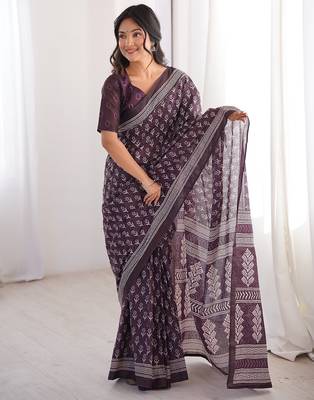Brown bloue piece with cotton printed saree 1