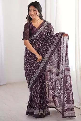 Brown bloue piece with cotton printed saree