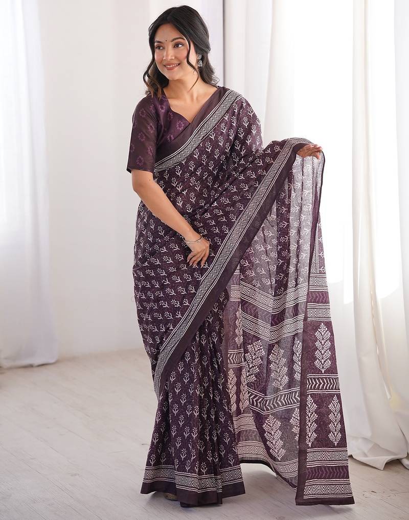 Brown bloue piece with cotton printed saree